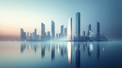Futuristic Cityscape with Reflective Water and Skyscrapers at Dawn