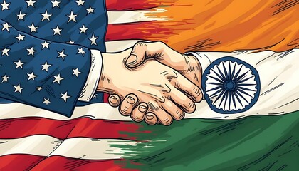 Hands shake in unity between the United States and India flags during a diplomatic meeting emphasizing cooperation and friendship Generative AI