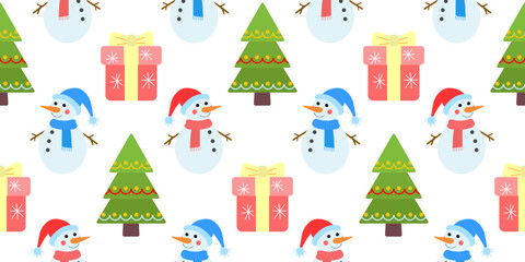 Snowman, christmas tree and gift box on a white background. Seamless pattern under clipping mask, convenient for editing. Festive background for paper, cover, textile, gift wrap.