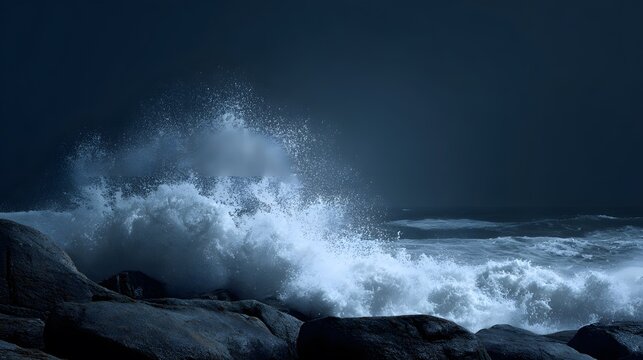 Low angle photo of ocean wave violently crashing against rocky coastline during gale sea spray everywhere extreme marine weather dark aquatic storm sky background