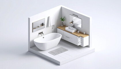 Isometric View of a Modern White Minimalist Bathroom with Freestanding Tub and Vanity