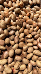 Raw jackfruit seeds densely packed on a rustic wooden surface show natural textures