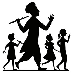 Vector illustration of a tall man playing the flute to entertain children
