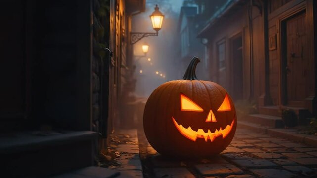 Glowing Carved Pumpkins on a Forest Path at Night. Halloween celebration. 4k videos