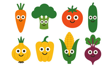 Fototapeta premium Cute cartoon vegetables with smiling faces on a simple background