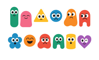 Obraz premium Colorful cartoon emotion faces with various expressions on geometric shapes