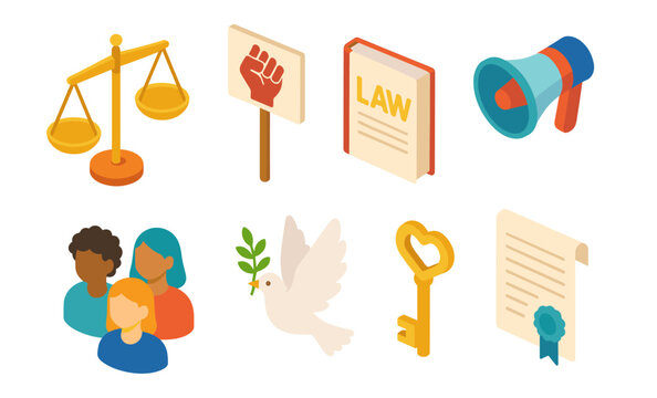 Isometric symbols of justice, equality, and peace featuring law, scales, and social unity