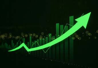 Green Upward Arrow and Bar Graph Representing Growth and Success, Green arrow pointing upward on financial graph. Business growth chart with rising trend line. Digital stock market data visualization