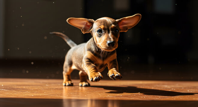 Curious Dachshund Puppy indoors - Powered by Adobe