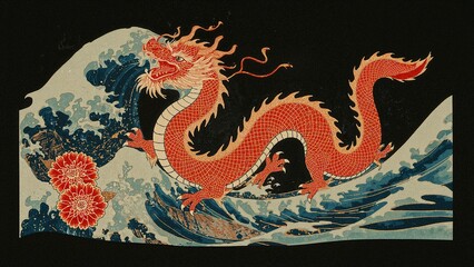 Fototapeta premium Crimson Dragon Emerging from Ocean Waves Japanese Art Print