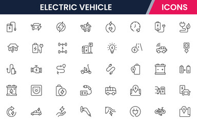 Electric vehicle web line icon collection, sleek, vector illustrations featuring stations, batteries, and eco-friendly symbols, perfect for sustainable tech designs.