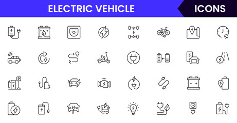 Electric vehicle web line icon collection, sleek, vector illustrations featuring stations, batteries, and eco-friendly symbols, perfect for sustainable tech designs.