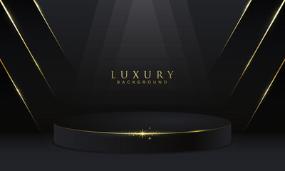 Black empty podium on dark background and gold strip line elements with light rays and bokeh effect decoration. Luxury award ceremony design concept. Vector illustration.