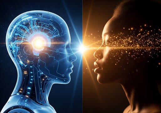 Ai intelligence meets human consciousness in a glowing futuristic conceptual image