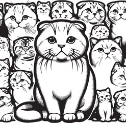Scottish Fold Cat Vector in black and white