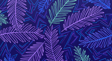 Colorful palm leaf pattern on dark background with geometric design  