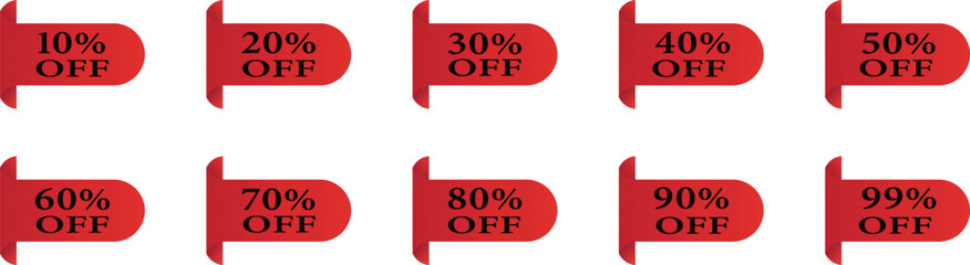 Red ribbon tags with various percentage discounts from 10% to 99% OFF. Ideal for digital promotions, sales ads, and marketing campaigns. Clean vector design for e-commerce and retail visuals.