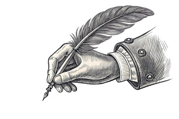 Vintage engraving-style icon of hand holding a quill pen PNG