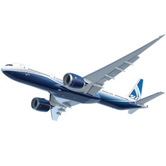 Modern twin engine jet airliner in blue and white isolated on transparent background