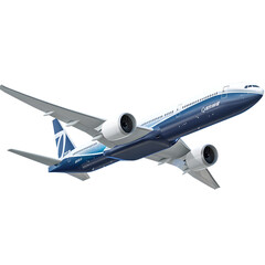 Obraz premium Modern boeing 777 jet airplane in flight isolated on transparent background