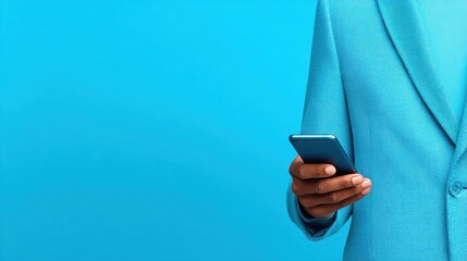 Professional man in blue suit using smartphone modern office space business concept