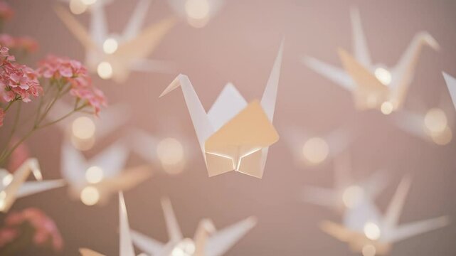 White paper origami crane bird flying peacefully on blurry background with pink flowers. August 6th. Peace Memorial Day. Hope, peace, and good luck for meditation footage.