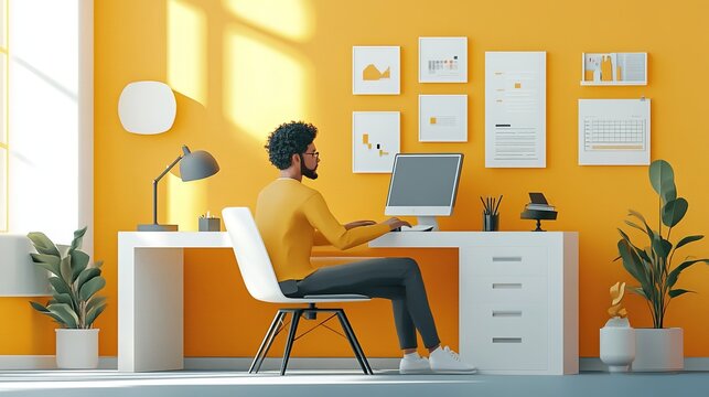 Minimalist remote work scene with abstract geometric shapes and pastel tones for a modern corporate branding style for digital nomads, freelancers, and home workers.