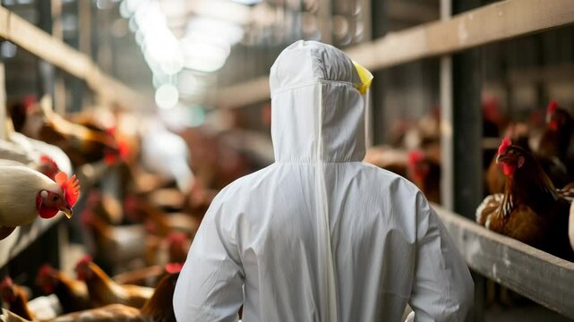 A person in a white protective suit inspects chickens in a poultry farm.