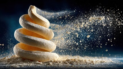 Pizza dough rising in spirals kitchen food photography culinary art close-up flour magic