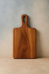 A wooden chopping board with handle, showcasing wood grain against a neutral backdrop