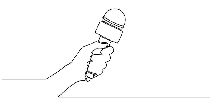 Continuous one line drawing of hand holding news microphone. Editable line, Journalist, reporter concept, This minimalist illustration represents a TV news reporter, capturing the essence of journalis