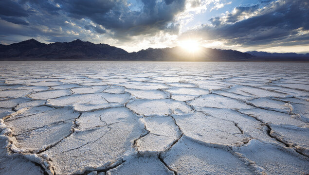 Dried white salt flats, dramatic sunset