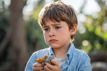 A boy with a worried look while holding a broken toy ambient daylight casting soft shadows high-detail on