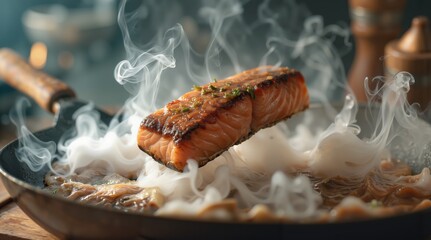 Sizzling salmon fillet cooking kitchen food photography cozy environment close-up view