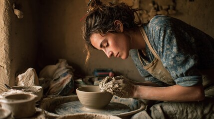 Woman making pottery using wheel