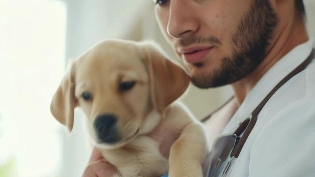 Young veterinarian holding a cute Labrador puppy during a check-up.