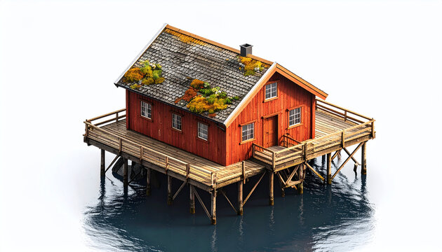 Isometric View Of A Traditional Wooden Structure On Stilts