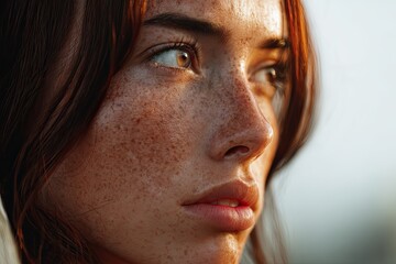 A close-up of a woman with freckles and natural skin textures illuminated by diffused side lighting that softens