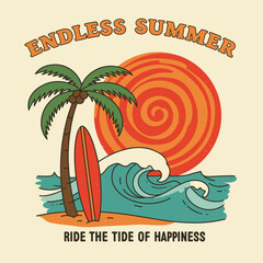 Hand-drawn surfboard with palm tree and waves, retro style for summer poster