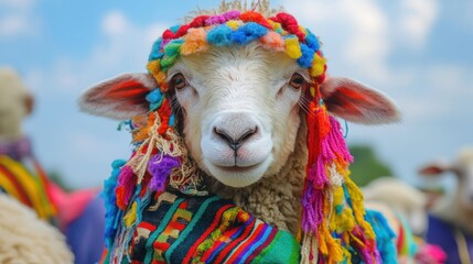 Obraz premium A sheep adorned with a vibrant colorful headdress and shawl.