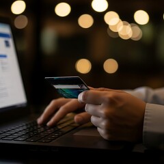 Person holding credit card typing on laptop keyboard hands online shopping