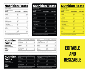 Editable and Resizable Nutrition Facts Label Templates Design. Food nutrition facts. Nutrition facts label and nutritional value of Animals. Supplement facts and vitamin facts.
