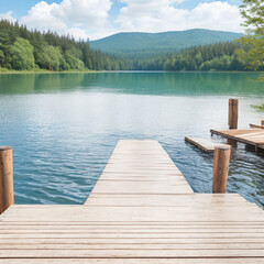 Wooden Dock Overlooking Turquoise Lake and Forested Mountains