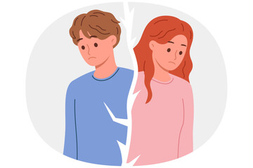 Broken couple of man and woman cannot be together due to mutual grievances or lack of money for wedding. Crack between couple of boyfriends and girlfriend appeared after betrayal or adultery