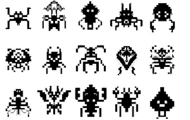 Collection de quinze figures pixelisées en noir et blanc, représentant des robots ou des créatures stylisées, organisées en une grille sur un fond noir