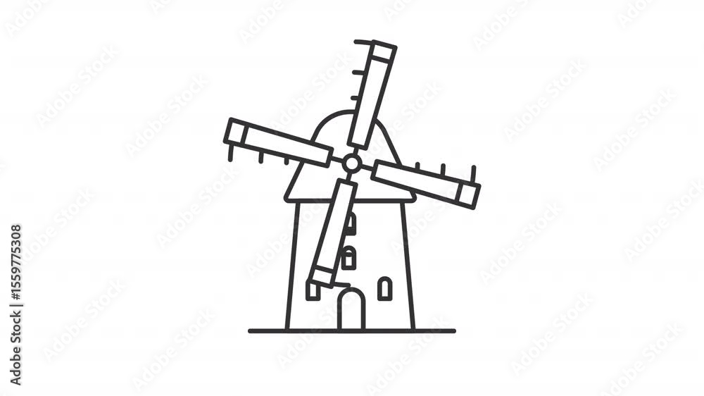 Poster animated windmill with rotating propeller line icon. machine operated by the force of wind animation