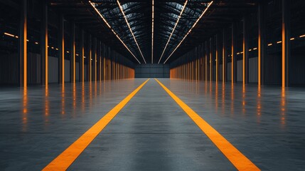 Sustainable Business Concept. Industrial Warehouse Interior with Bright Orange Stripes and Modern Lighting Design