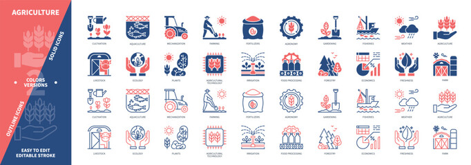 Agriculture icon set. Plants, Livestock, Farming, Ecology, Fertilizers, Irrigation, Cultivation, Aquaculture. Duotone color solid and editable outline icons