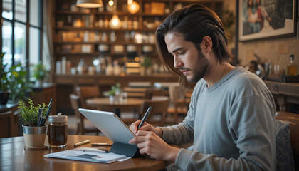 Fototapeta premium Young professional working on a tablet with a stylus in a cozy cafe, focused on his digital design and creative process.