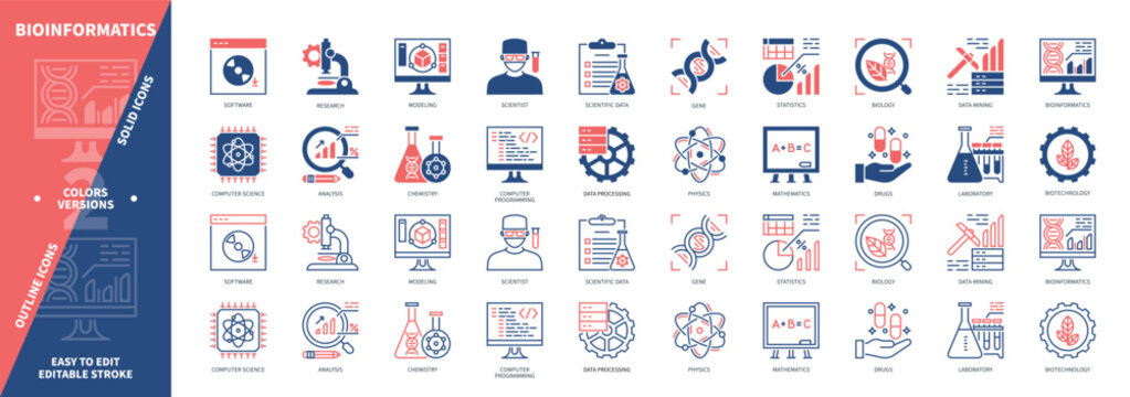 Bioinformatics icon set. Computer Science, Biology, Chemistry, Drugs, Statistics, Laboratory, Research, Computer Programming. Duotone color solid and editable outline icons